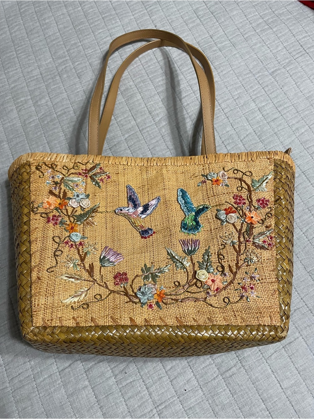 Cappelli Straworld Embroidered
Hummingbird Floral Straw ToteBag Boho Cottagecore